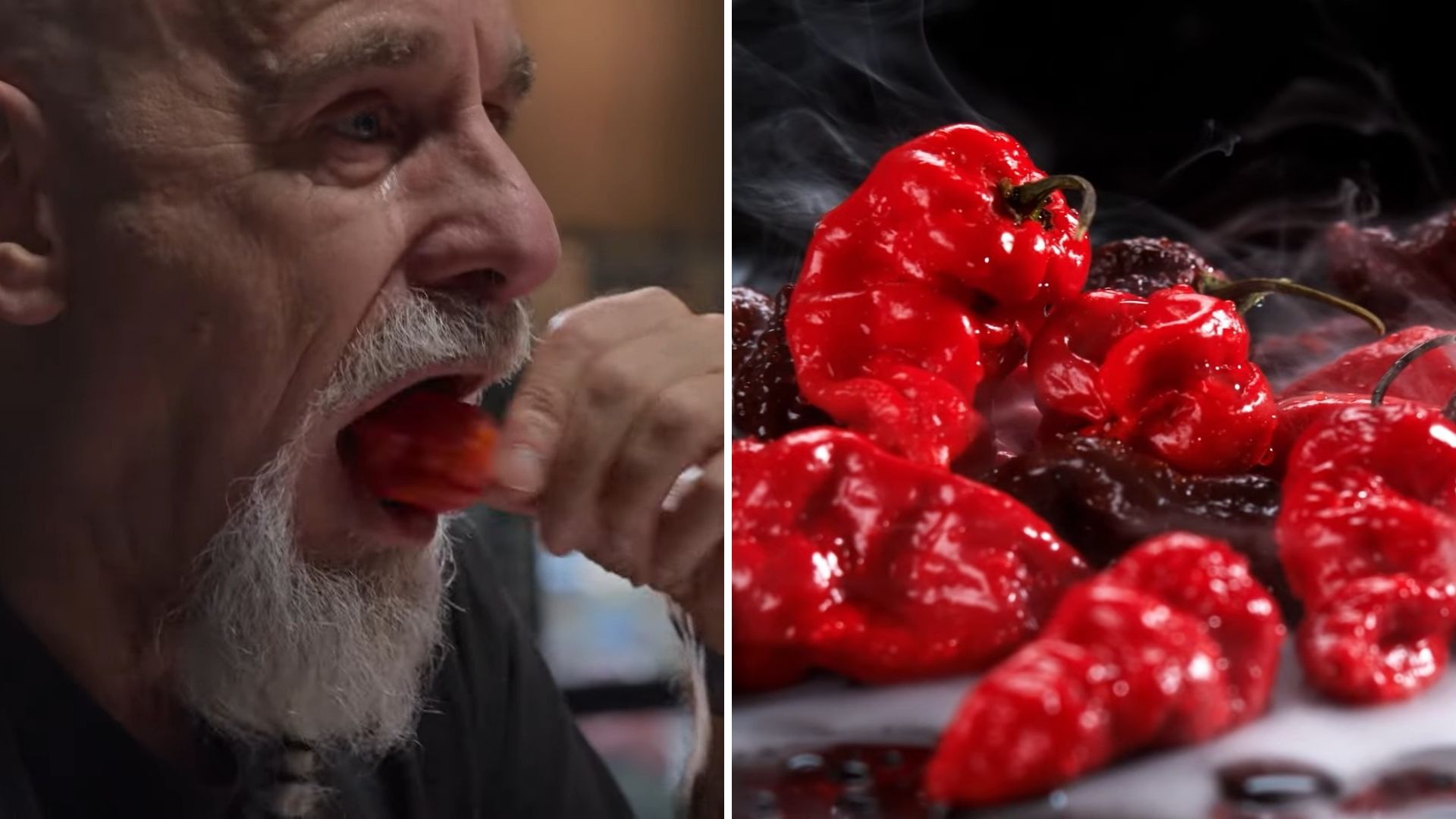 A man eating a Carolina Reaper