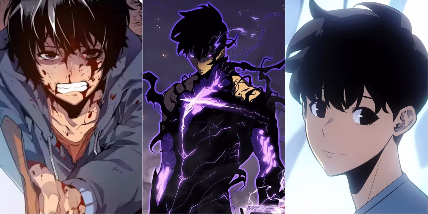 split image of three stages of jinwoo sung solo leveling.avif